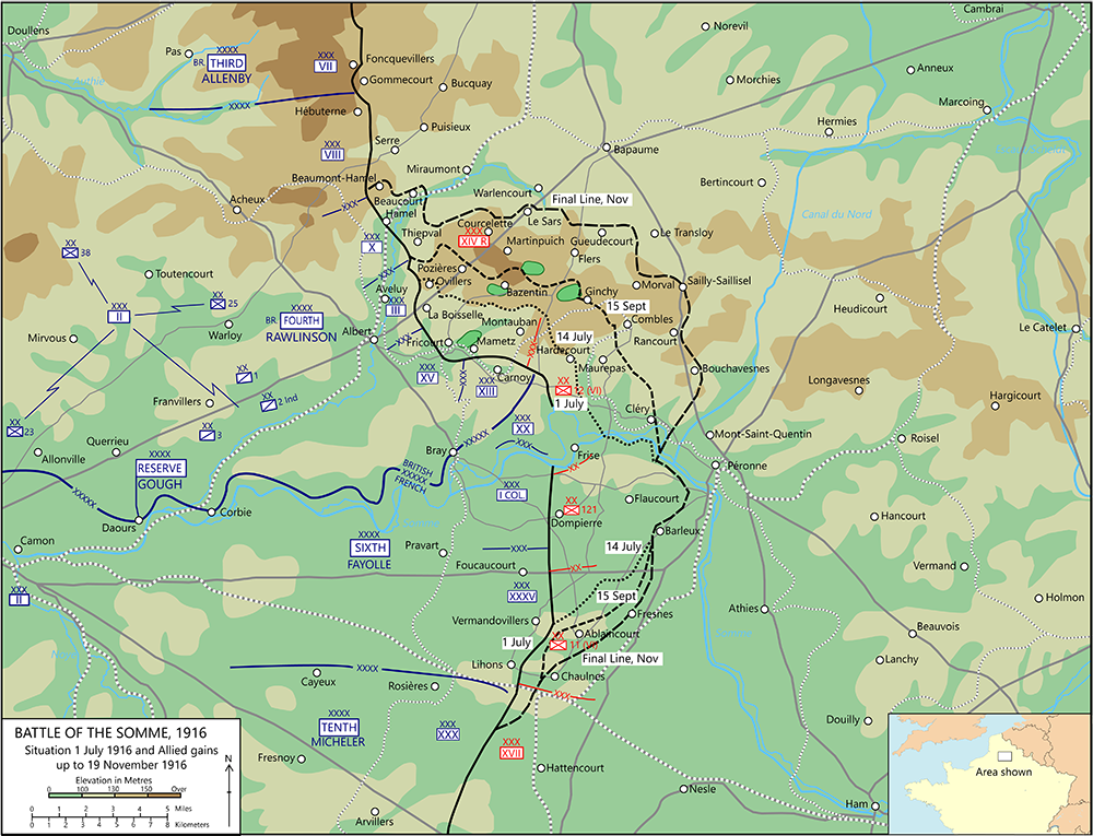 Map of the Battle of the Somme with key lines of advance and battle sites highlighted.