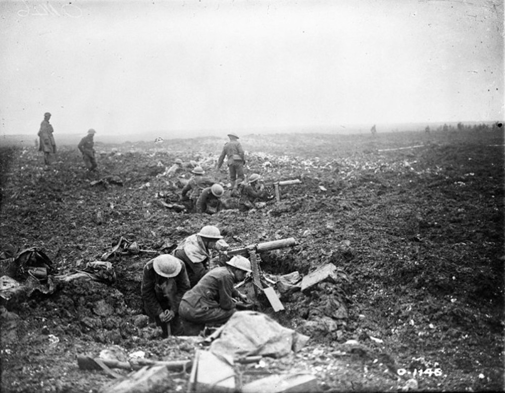 Canadian Machine Guns Corps members dig in at Vimy Ridge.
