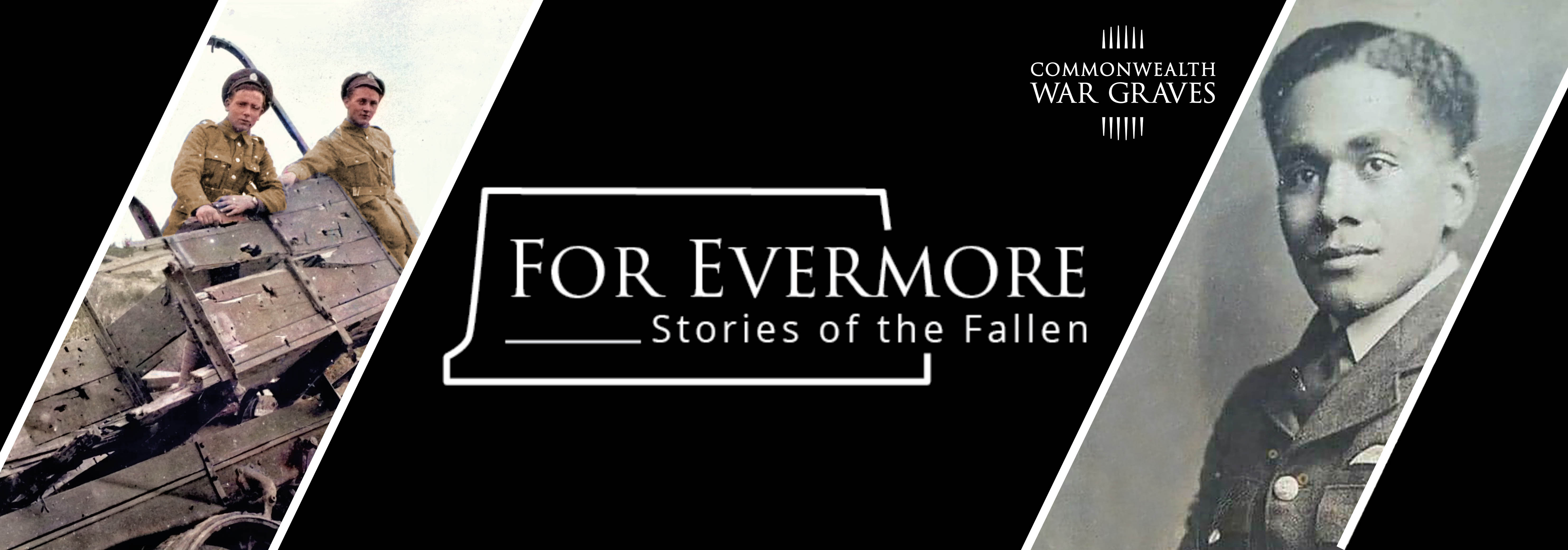 Banner shows tank crew, CWGC For Evermore logo, and a black officer of the First World War