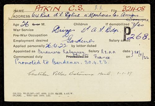 Part of Atkin’s service record from the Commonwealth War Graves Commission.