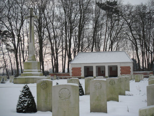 Adegem Canadian War Cemetery in the snow.