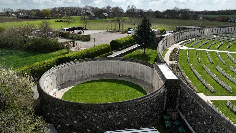 Circular cloister built into the Tyne Cot Memorial leading out to the wider cemetery.
