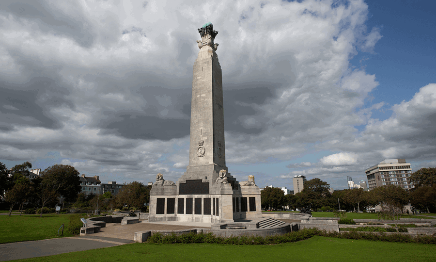 Plymouth Naval Memorial on a cloudy day