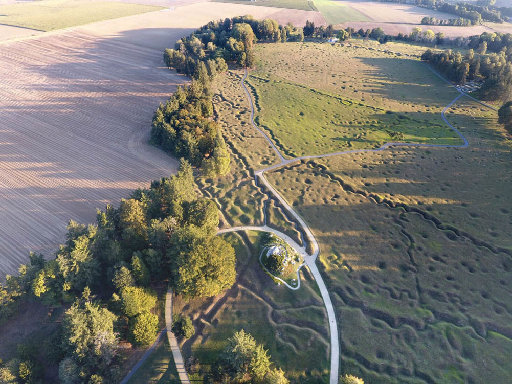 Drone shot of Newfoundland Memorial Park, the SOmme, showing preserveed trenches and shell craters of the former battlefield.