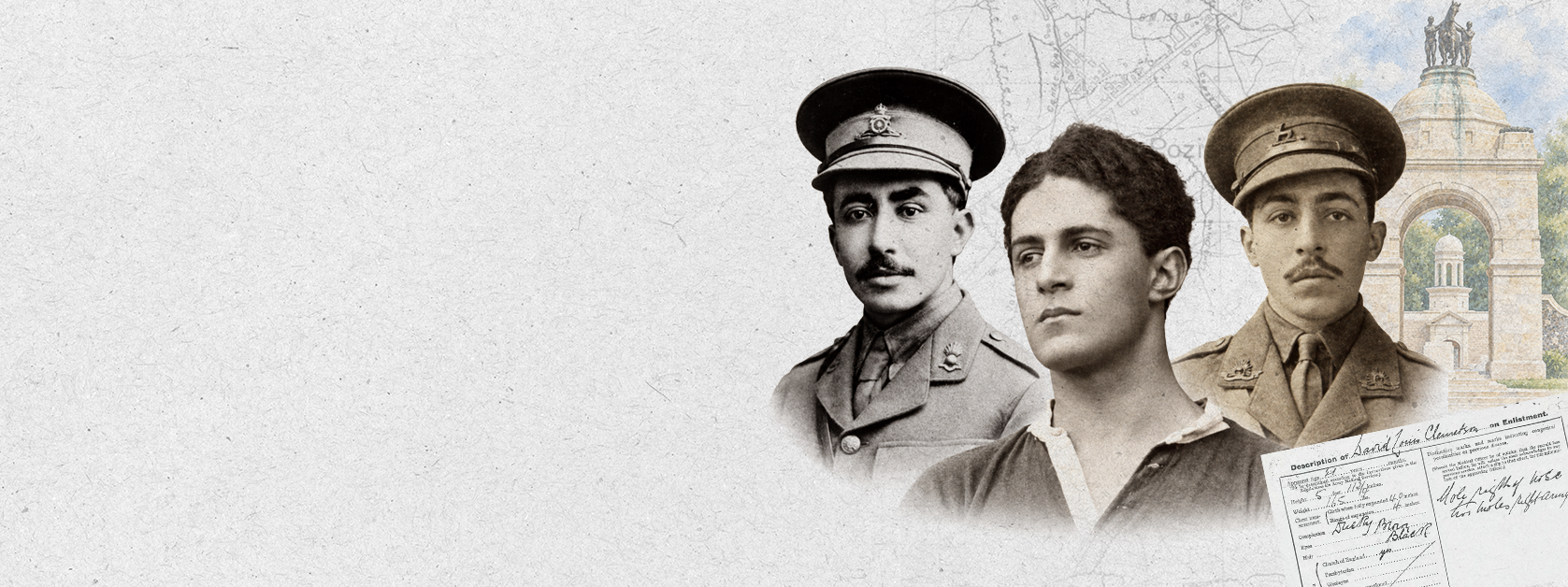 Image shows three Black First World War veterans superimposed over a stylised photo of the Delville Wood South African Memorial.