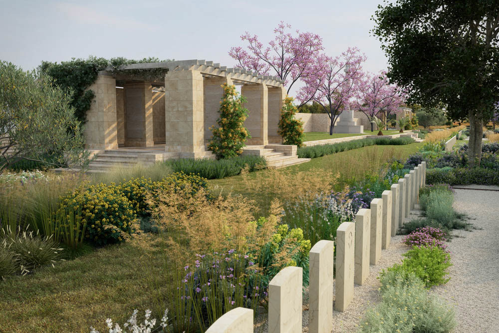 Render of shelter building and plantlife next to CWGC headstones at Medjez-El-Bab war cemetery.
